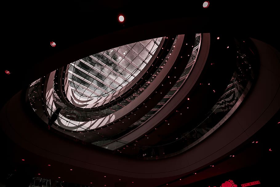 building interior, architecture, spiral, windows, glass, lights HD wallpaper