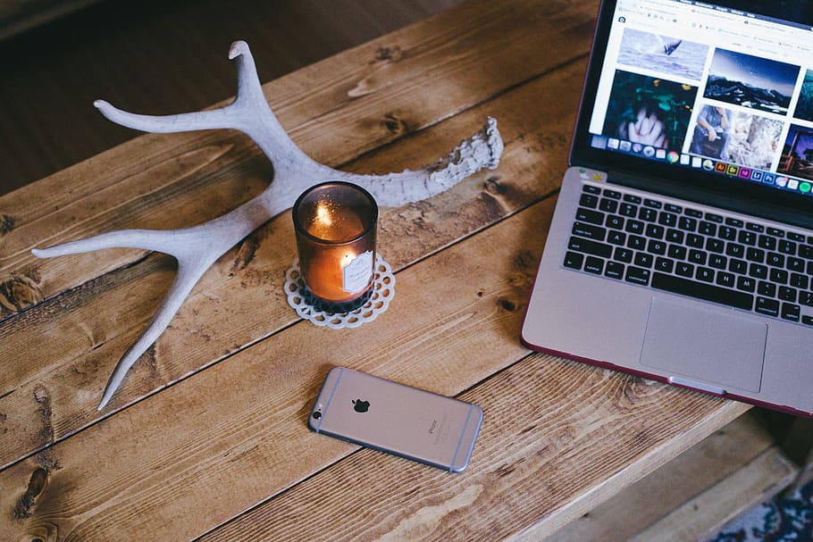 apple, candle, computer, desk, display, iphone, laptop, mobile phone HD wallpaper