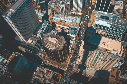 Golden Hour, aerial view photography of city, looking down, building HD wallpaper