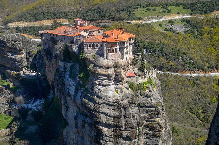 gray and orange mansion on top of mountain, meteor, greece HD wallpaper