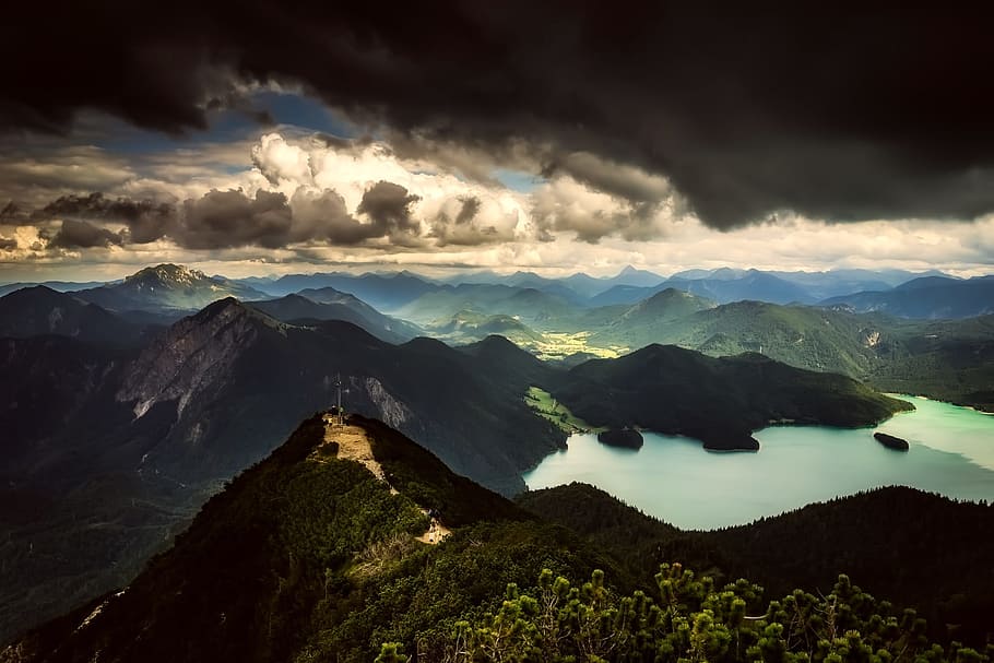 landscape photo of body of water surrounded by mountain, mountains HD wallpaper