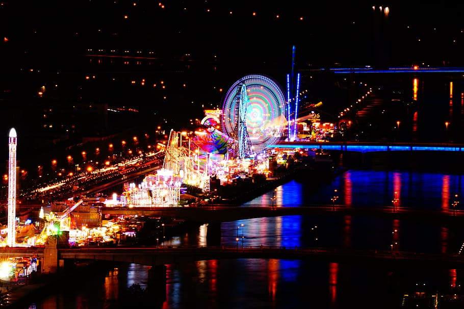 fair, rouen, manege, night, city, lights, illuminated, water HD wallpaper