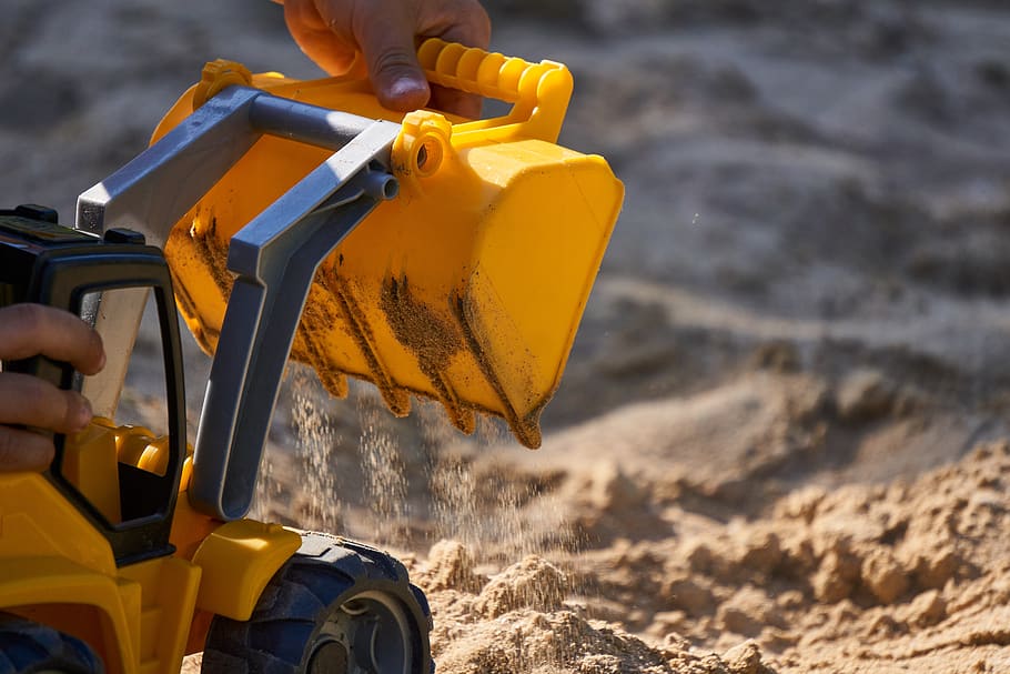 excavators, sand, loading, toys, child, play, sand pit, close up