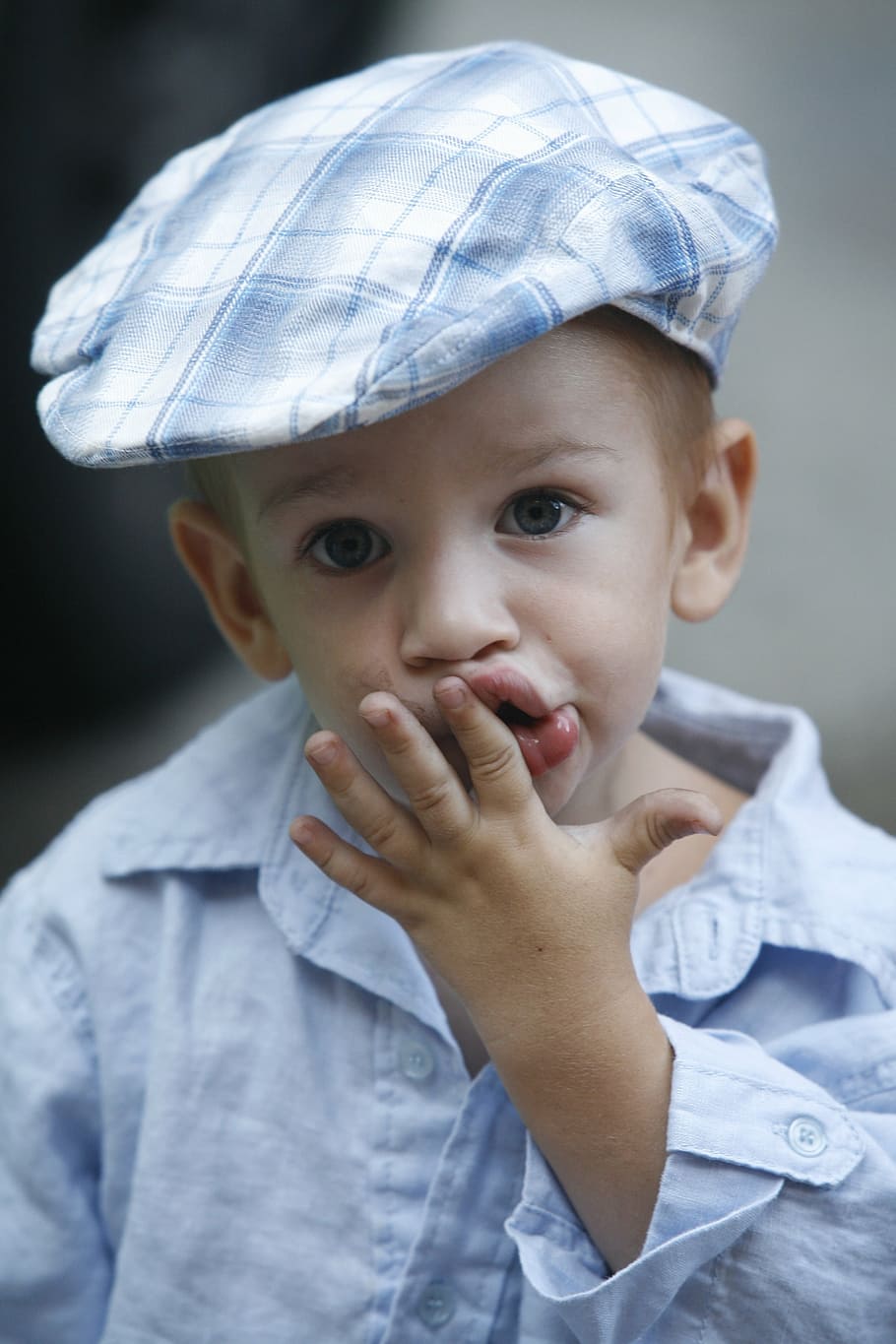 portrait, thought, attention, boy, child, cap, funny, hand HD wallpaper