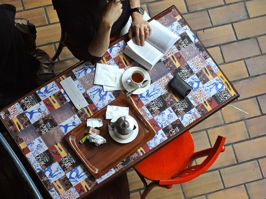 chair, coffee, work, book, reading, empty chairs, red chair HD wallpaper