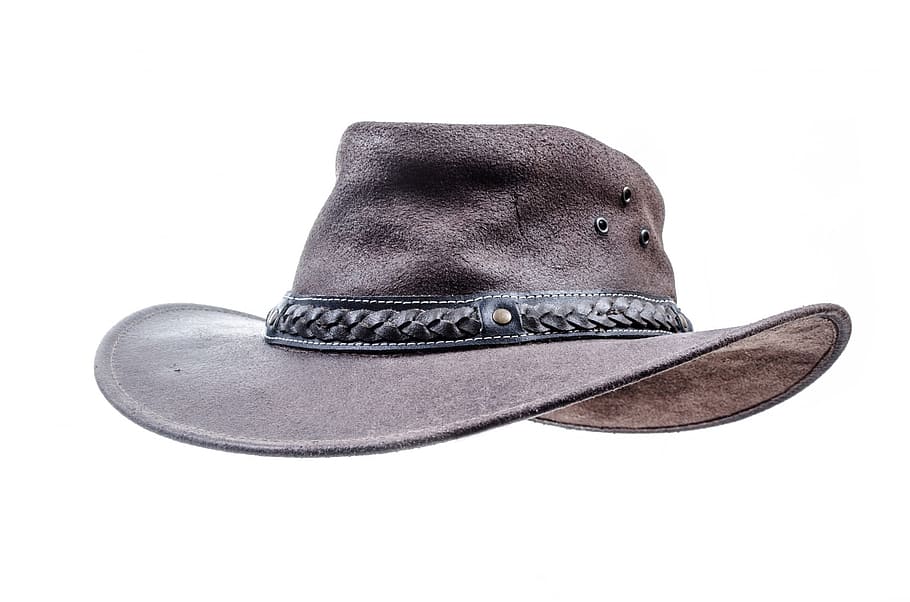 brown cowboy hat with white background, black hat, leather, close-up