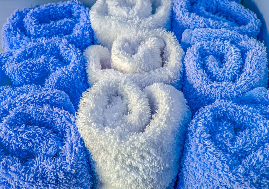 white and blue towel lot, wool, fluffy, cotton, pattern, rolled HD wallpaper