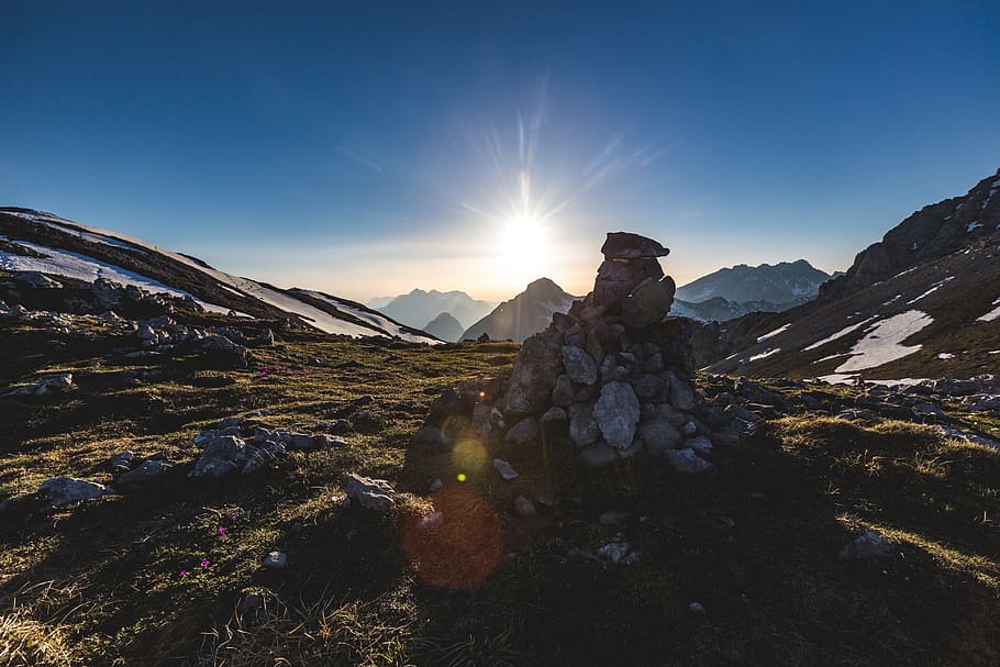 blue, sky, cloud, highland, rocks, mountain, sunlight, sunrise HD wallpaper