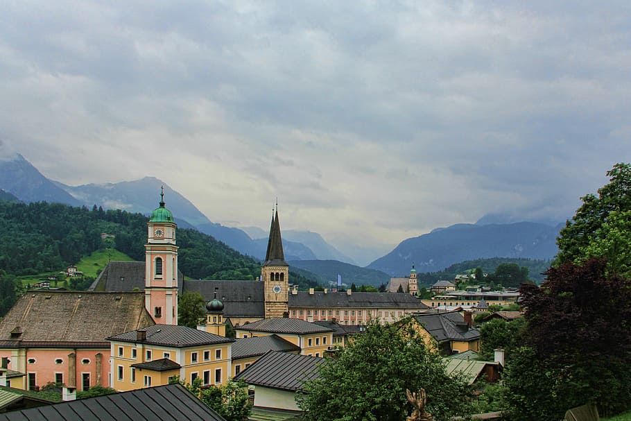 berchtesgaden, clouds, sky, homes, mountains, cloudiness, cloudy HD wallpaper