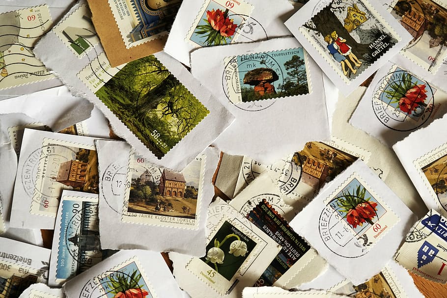 postage stamp lot, postage stamps, leave, letters, porto, message, HD wallpaper