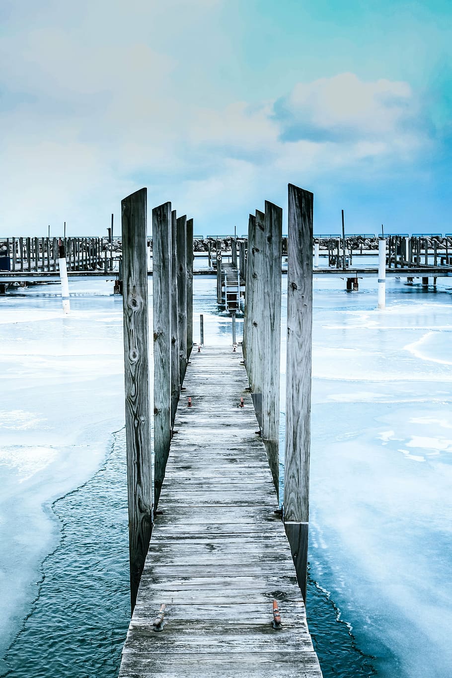 gray wooden dock above body of water, bridge, woods, ocean HD wallpaper