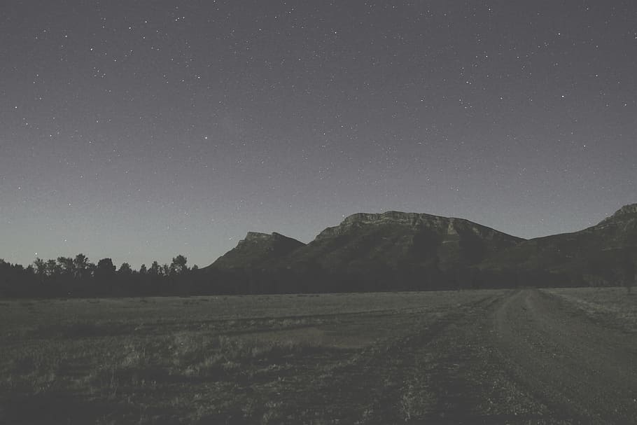 overlooking mountain during starry night, grayscale photography of mountains and grass field HD wallpaper