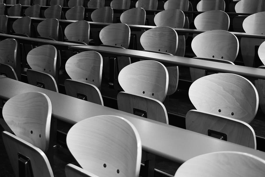 grayscale photography of chairs, sit, architecture, amphitheater HD wallpaper