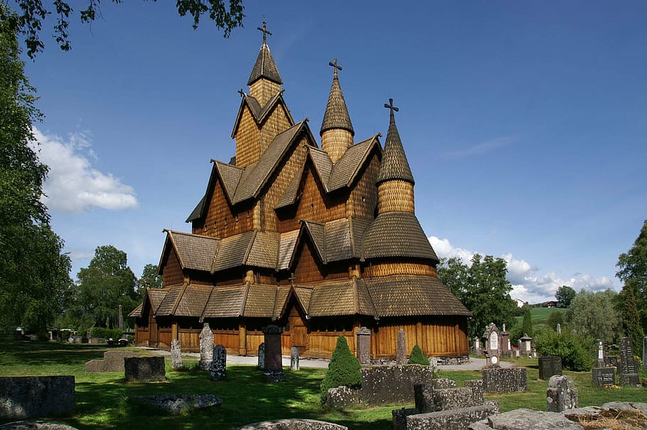 brown and gray cruch, stave church, heddal norway, wood, religion, HD wallpaper