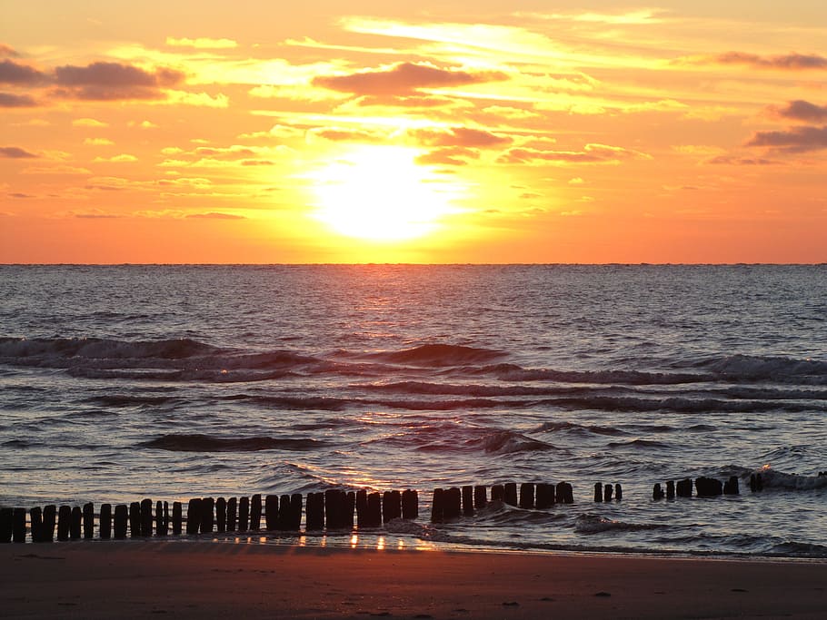 sunset, beach, summer, norderney, sea, evening sky, north sea HD wallpaper