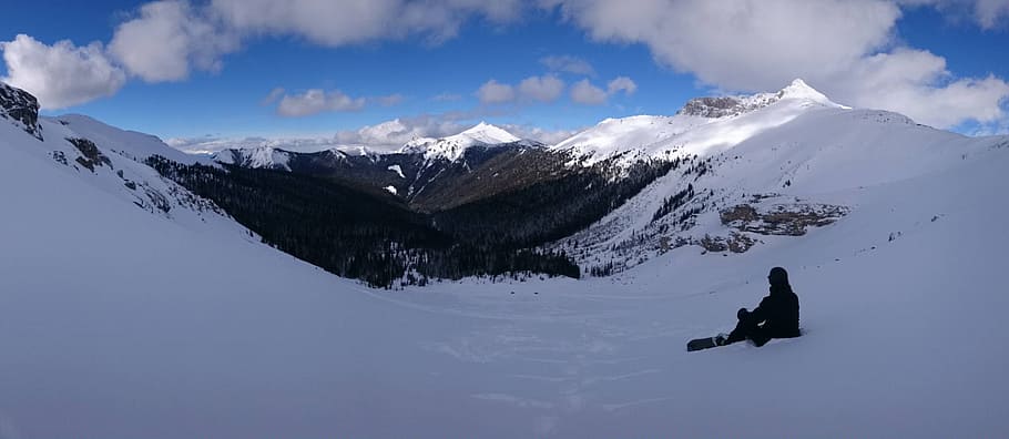 snow, mountain, winter, panoramic, ice, snowboarding, man, forest HD wallpaper