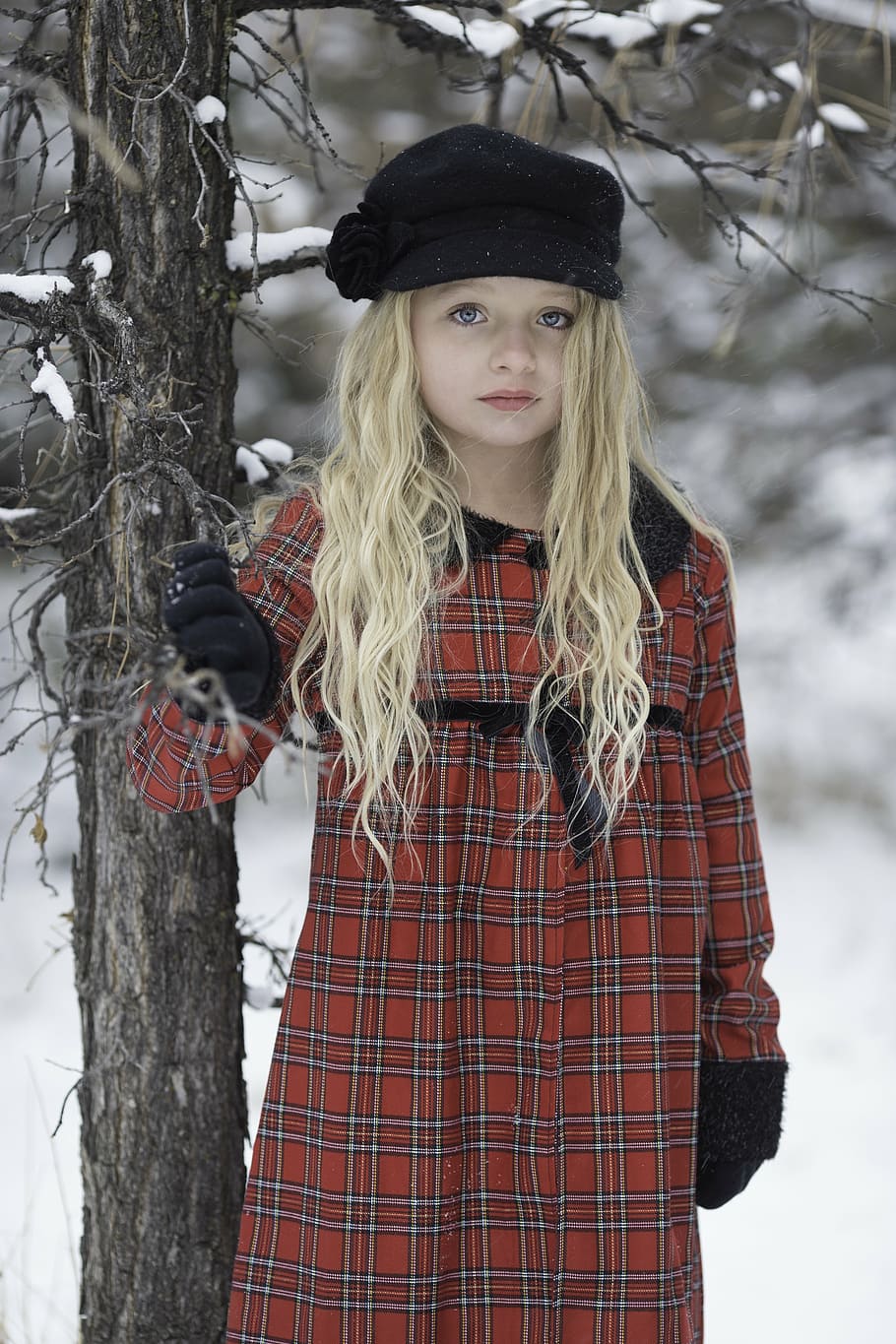 girl wearing red and white plaid coat holding tree branch, winter HD wallpaper