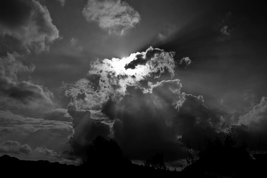 Sky, Cloud, The Light Of The Sun, black and white, nature, weather