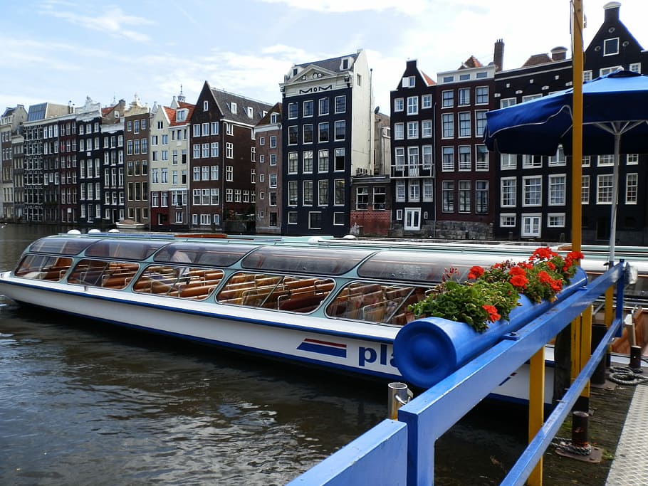Boat, Channel, Amsterdam, architecture, city, city life, building exterior HD wallpaper