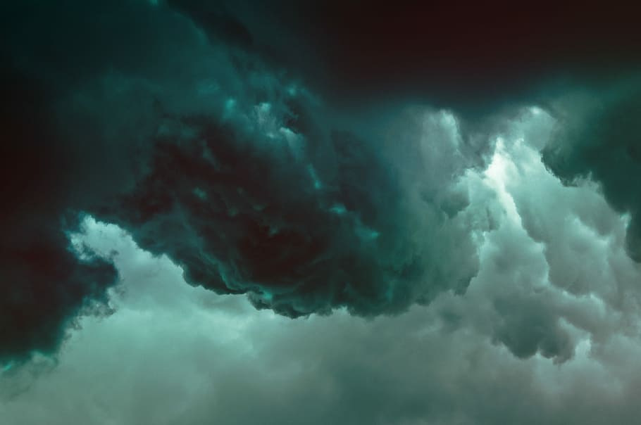 photography of clouds, white clouds with green lights, sky, storm