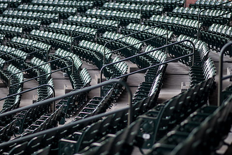 empty seats of stadium, empty black and brown metal chairs, photo HD wallpaper
