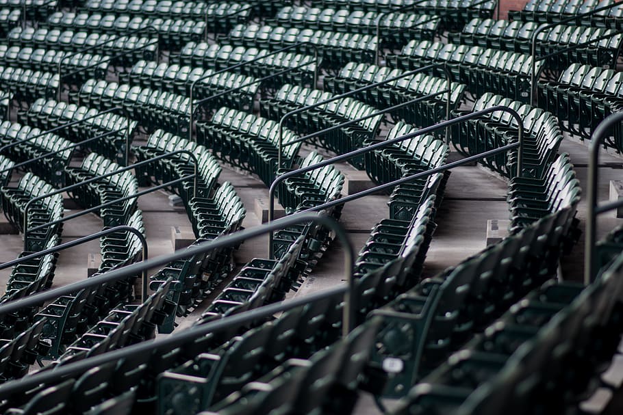 empty seats of stadium, empty black and brown metal chairs, photo HD wallpaper