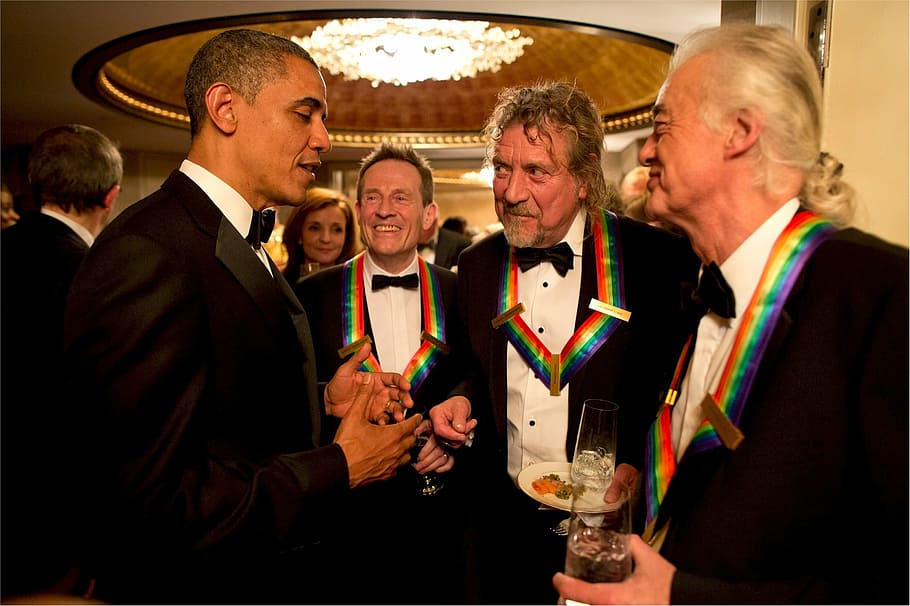 Barack Obama, john paul jones, robert plant, jimmy page, led zeppelin survivors