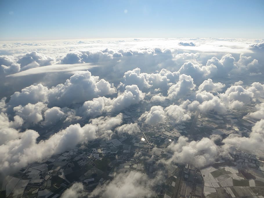 clouds, top view, plane, airplane, aerial View, flying, cloud - Sky HD wallpaper