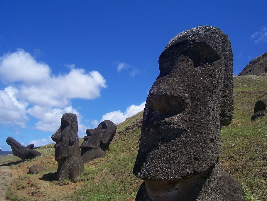 rapa nui, moai, easter island, chile, travel, sky, clouds, landscape, HD wallpaper