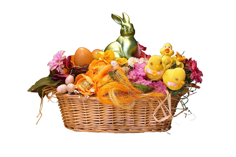 assorted decorations on brown wicker basket, easter, osterkorb HD wallpaper