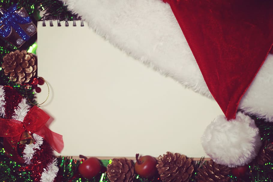 white spiral notebook and Santa hat, christmas, red, celebration HD wallpaper