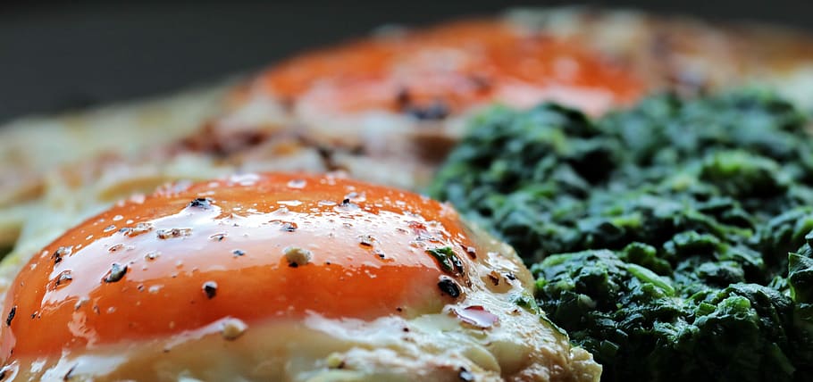 sunny side up egg, food, eat, spinach, fried, delicious, healthy HD wallpaper