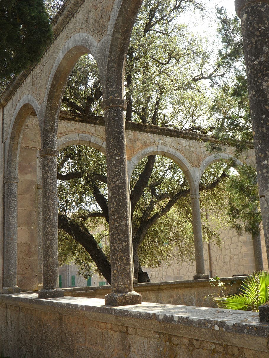 archway, arcade, mallorca, spain, monastery, monastery garden, HD wallpaper