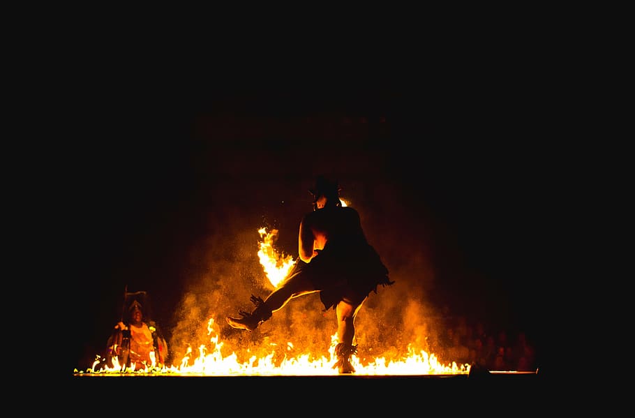 fire dancing during night, bonfire, man, rituals, flame, heat - temperature HD wallpaper