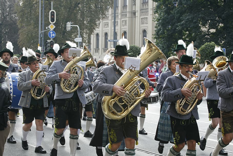 oktoberfest, costume parade, brass band, large group of people