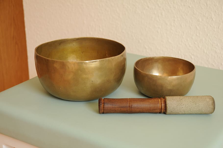 two brass bowls, singing bowls, quigong, japanese art of healing, HD wallpaper