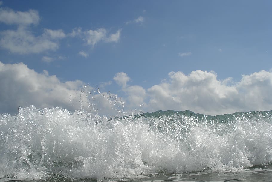 summer, wave, sea, coast, ripple, blue, water, sky, motion HD wallpaper
