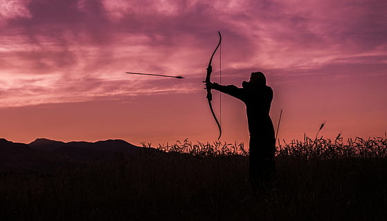 person using bow, archer, archery, sunset, arrow, target, aiming HD wallpaper