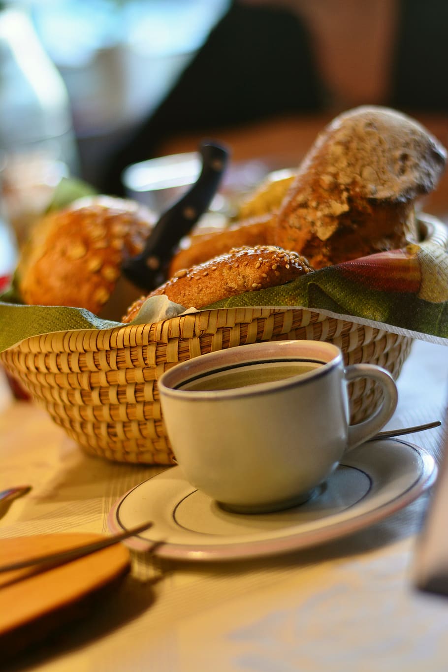 breakfast, breakfast table, cup, roll, grain bread, eat, hunger HD wallpaper