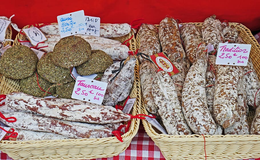 salami, french, market stall, flower market, nice, offer, south of france, HD wallpaper