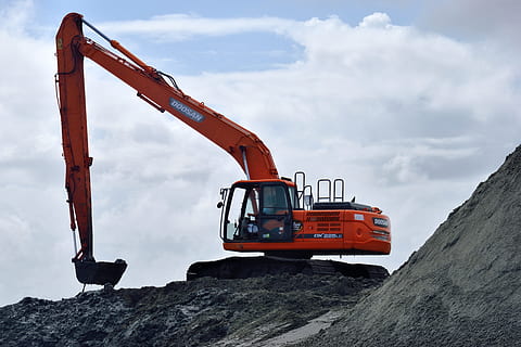 red Doosan excavator, backhoe, construction site, heavy equipment HD wallpaper