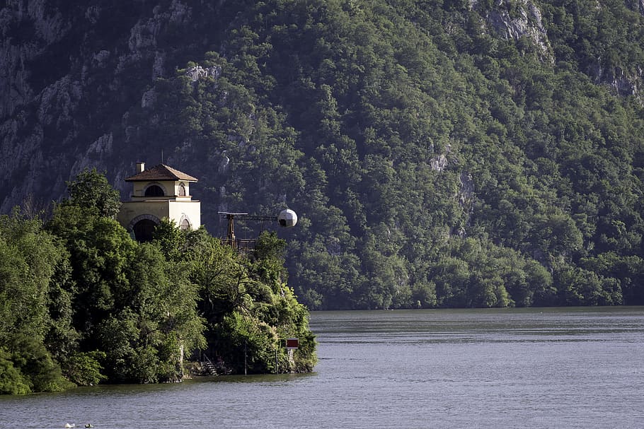 River Danube, Iron Gate, Signal Tower, cliffs, trees, water, HD wallpaper