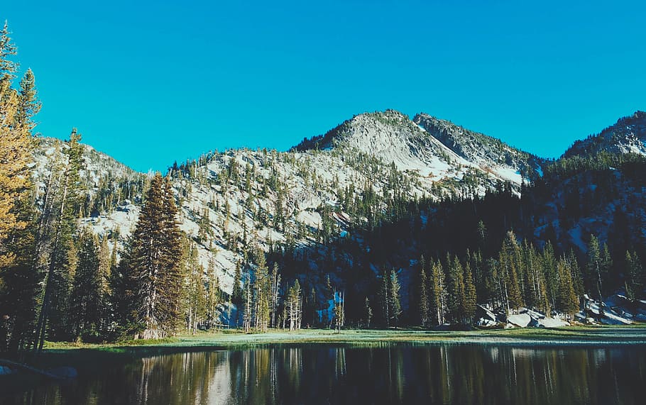 Granite, lake near forest and mountains, evergreen, water, nature HD wallpaper
