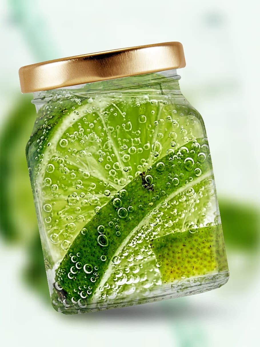 sliced of lemons inside of glass jar, refreshment, lime, bubble HD wallpaper