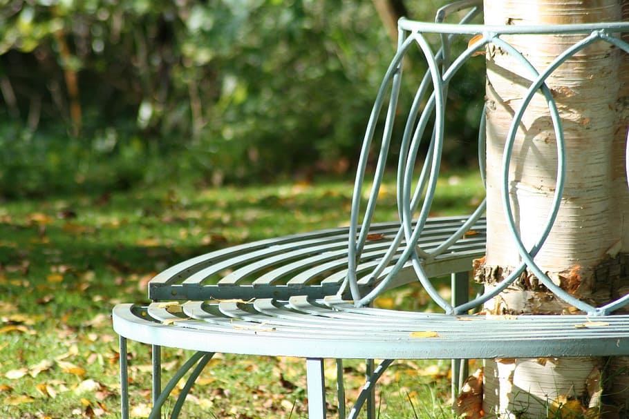 seat, garden, tree seat, bench, metal sculpture, focus on foreground