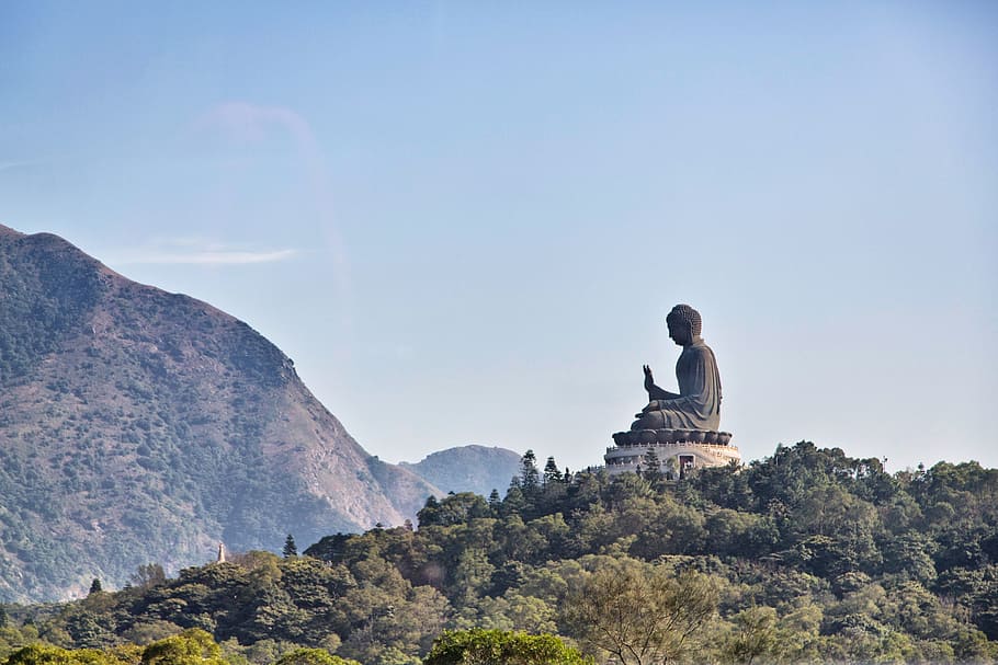 Buddha statue on mountain during daytime, hong kong, asia, buddhism, HD wallpaper