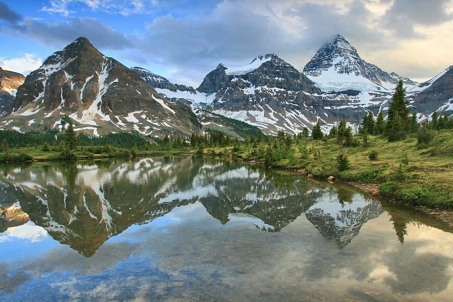 calm body of lake near grass and glacier mountain under white cloud blue skies, landscape photography of body of water surrounded by land HD wallpaper