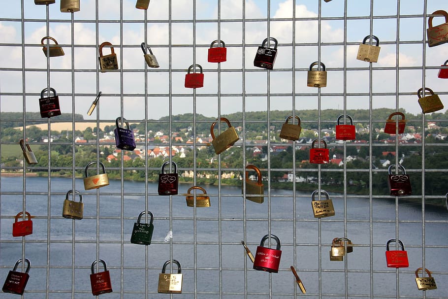 padlocks on screen fence, bridge, castle, castles, grid, love HD wallpaper