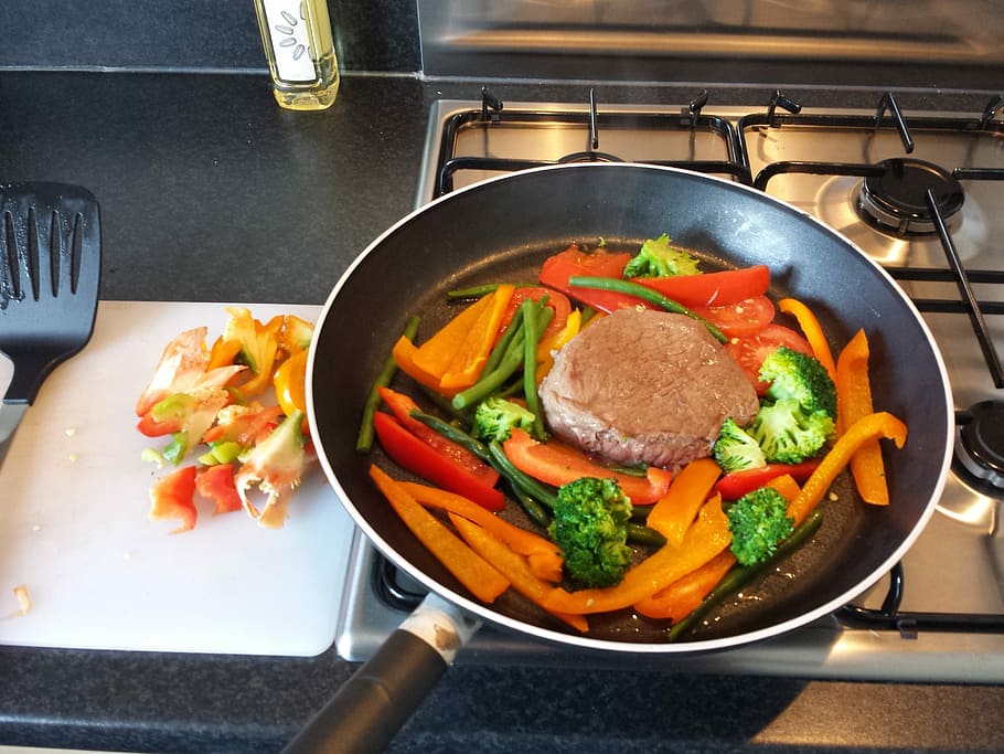 Steak, Vegetables, Cooking, Kitchen, food, food and drink, indoors HD wallpaper