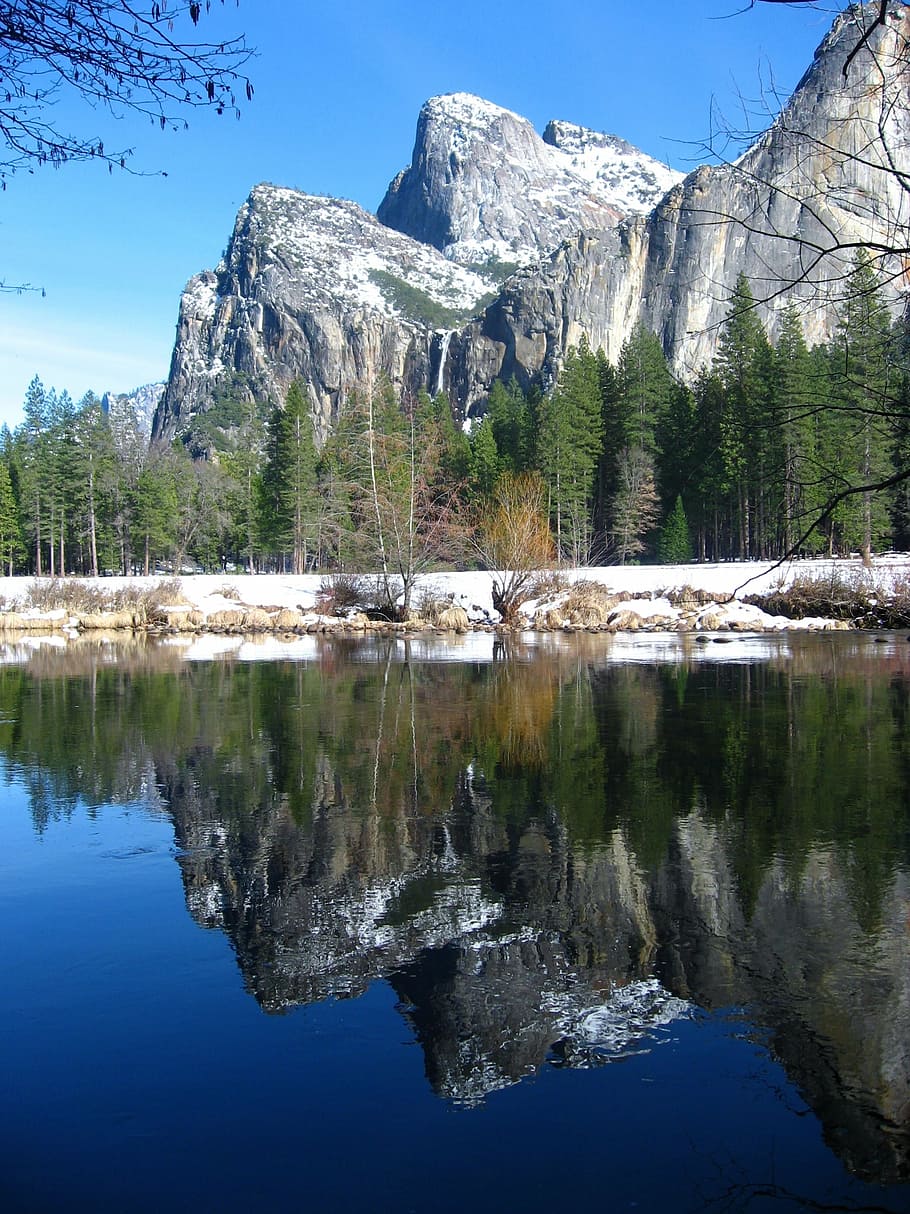 yosemite, mountain, snow, river, forest, park, natural, national HD wallpaper
